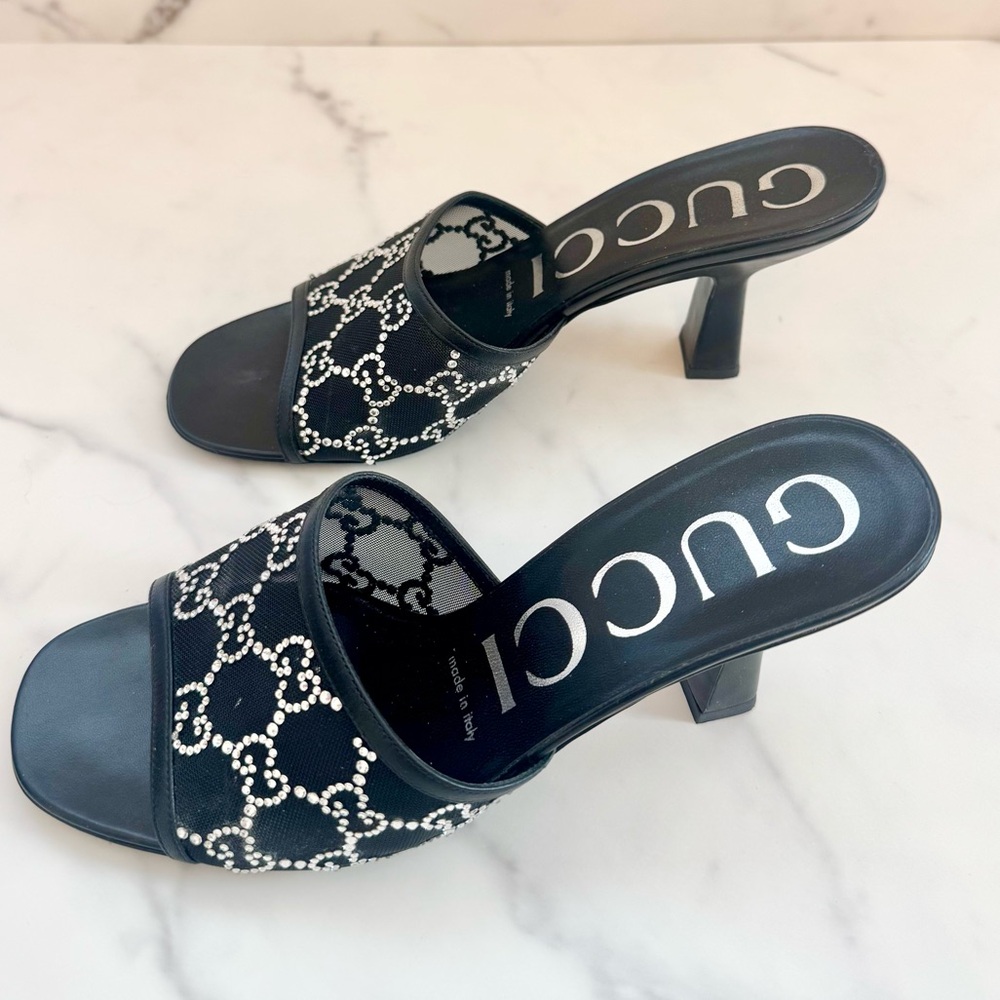 Gucci Black Demi Mesh Crystal Sandal Heels 38 - Picture 4 of 7